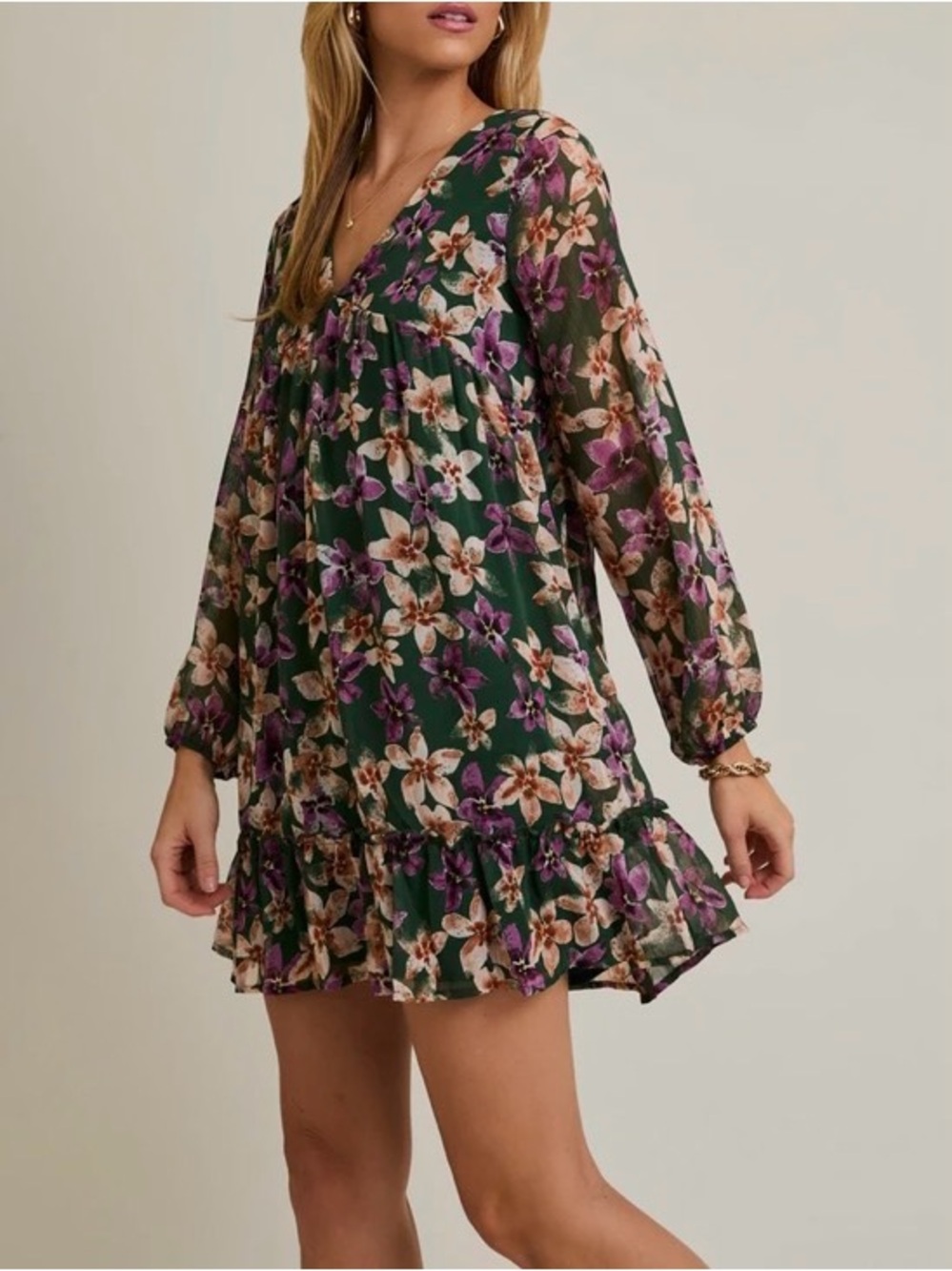 Knitted & Knotted Floral Mini Dress in Green & Pink